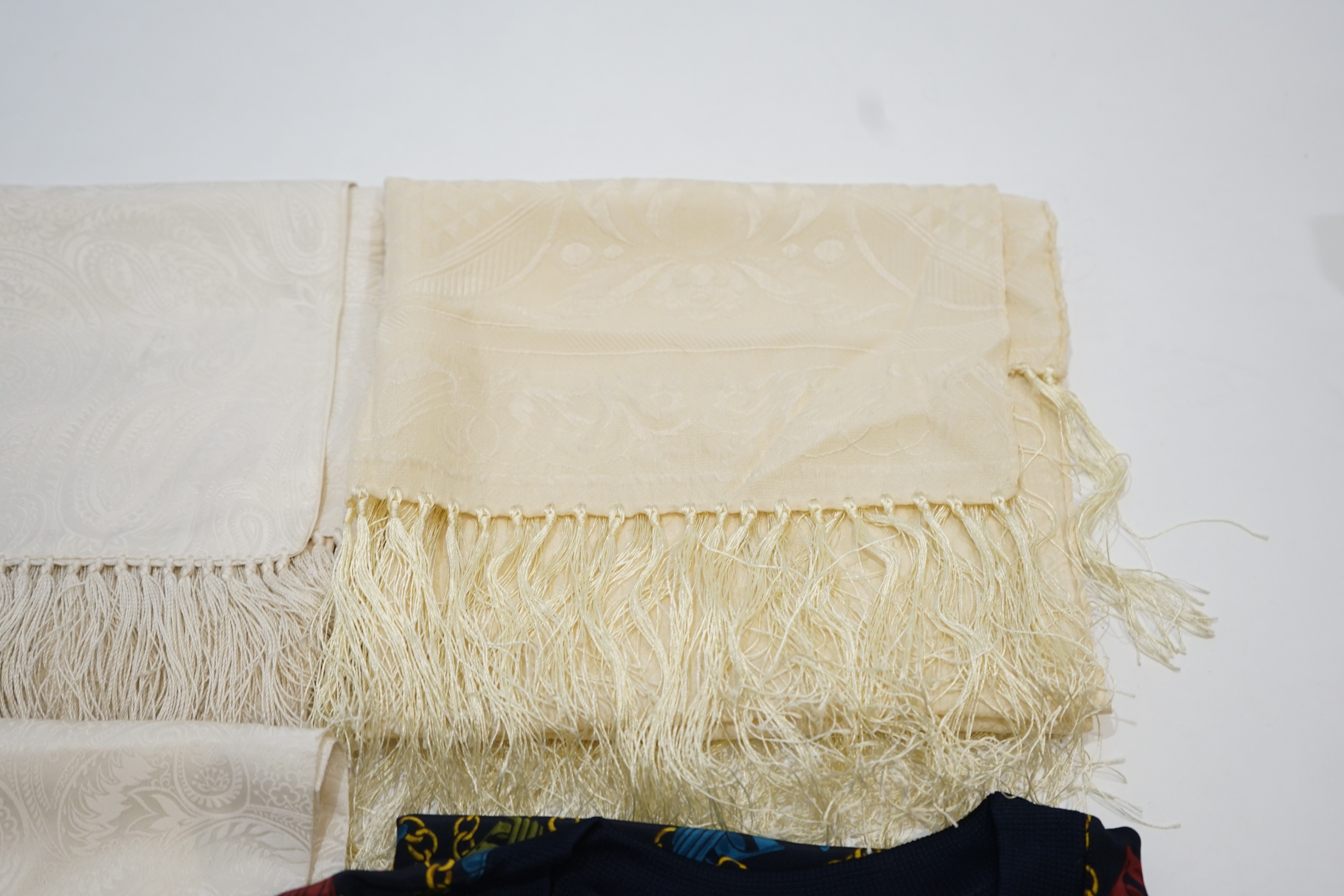 A Salvatore Ferragamo silk t shirt, size L and three silk fringed scarves